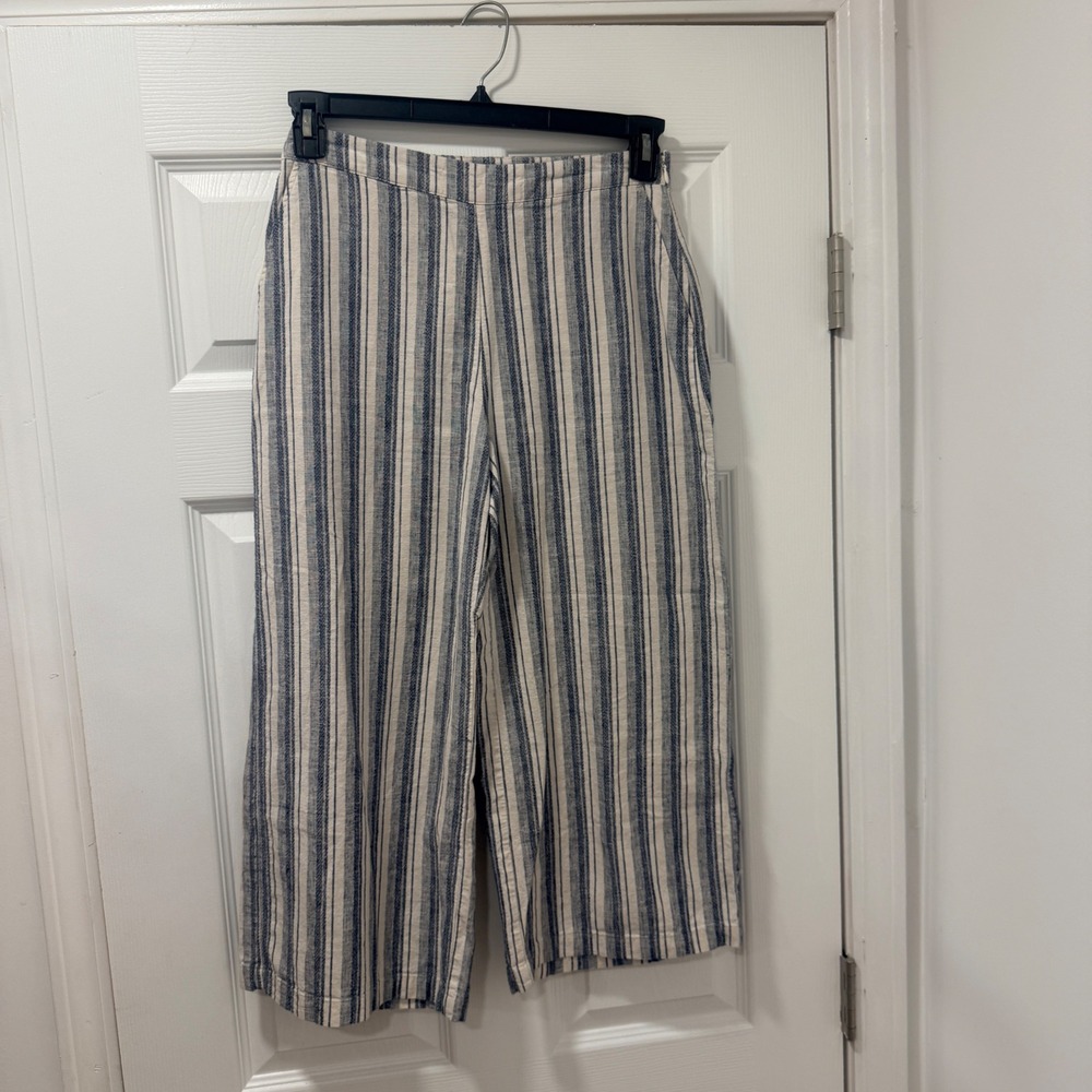 Abercrombie & Fitch Womens 2 Blue White Striped Linen Cotton Wide Leg Crop Pants